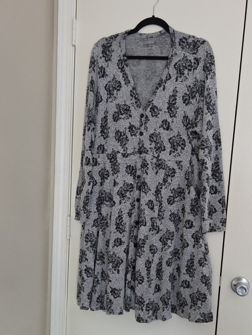 Floral Print V-Neck Long Sleeve Sleep Dress - Gray/Black